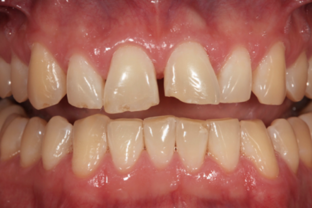 Dental Diagnostic Wax Up: Why It Matters and How It's Made Pretreatment intraoral photo of worn, chipped anterior teeth before a dental diagnostic wax up.