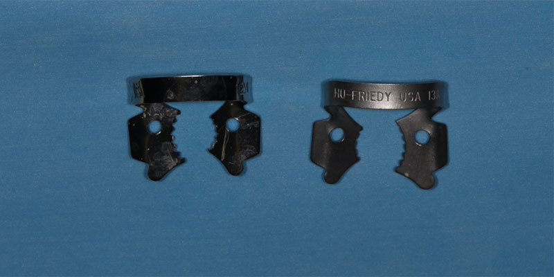 efrver 12A and 13A rubber dam clamps designed for isolating mandibular molars.