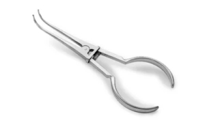efrver Palmer-style rubber dam forceps with angled handles for clamp placement.