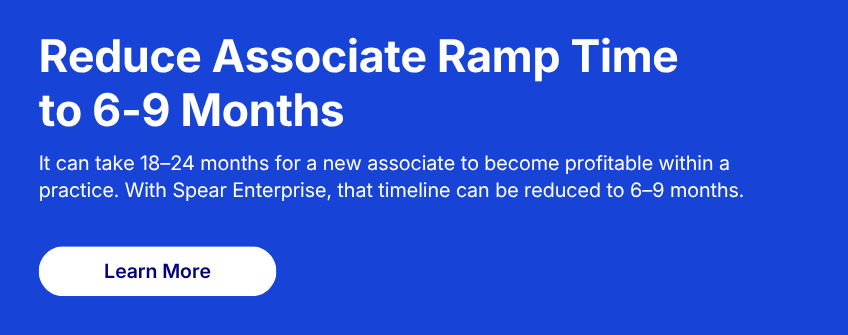 Graphic showing how structured clinician development can reduce dental associate ramp time from 18-24 months to 6-9 months, helping new associates become productive more quickly.