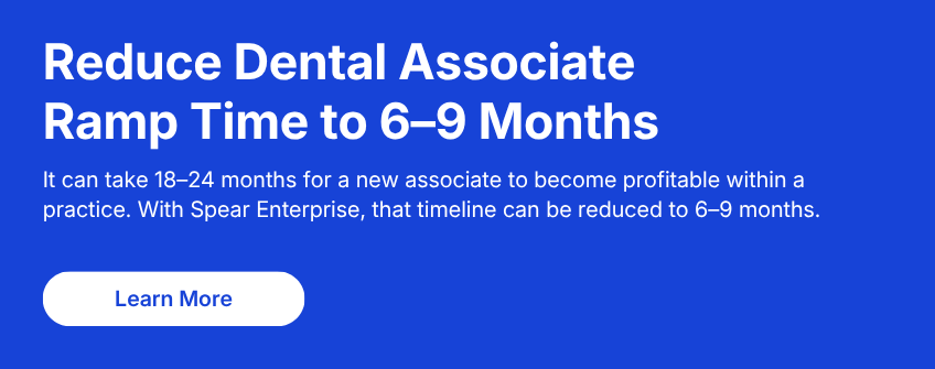 Learn more about Spear Enterprise Spear Enterprise graphic showing how a DSO technology strategy and structured onboarding can reduce dental associate ramp time and accelerate productivity.