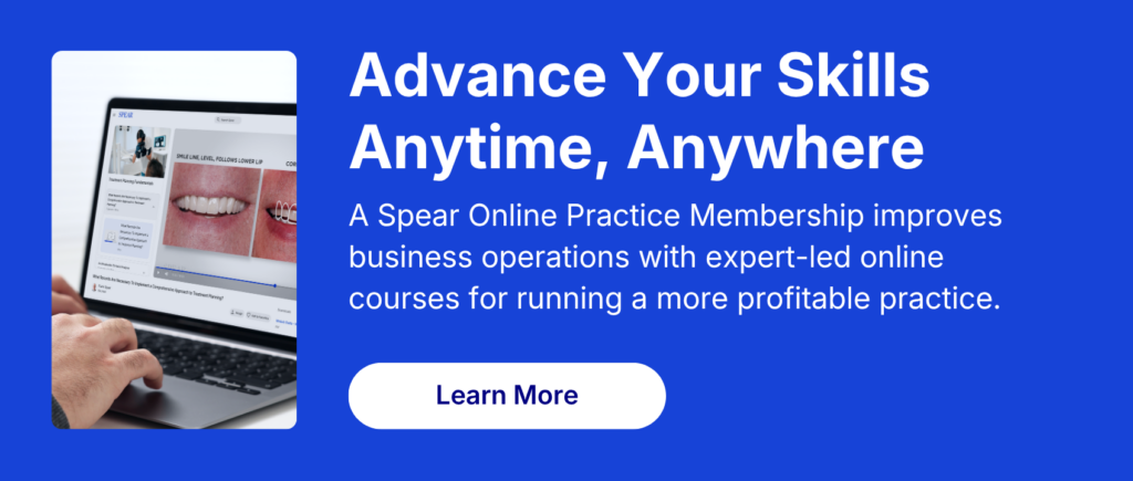 Dentist using Spear Online Practice Membership to strengthen dental practice profitability through expert-led business education and practice management training.