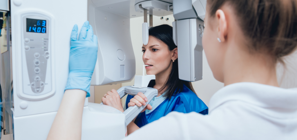 AI in Dental Diagnostics for Stronger Case Acceptance Patient undergoing a CBCT scan as part of an AI in dental diagnostics workflow.