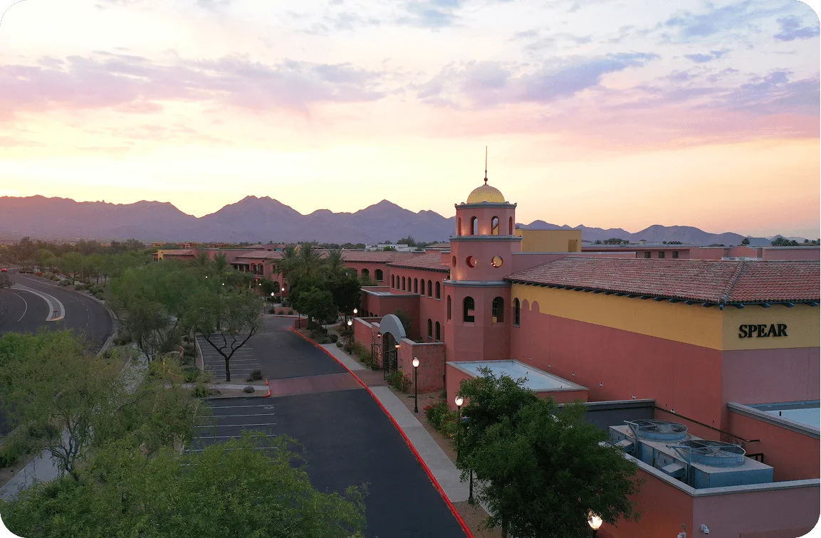 Aerial view of the Spear Education campus in Scottsdale, Arizona at sunset