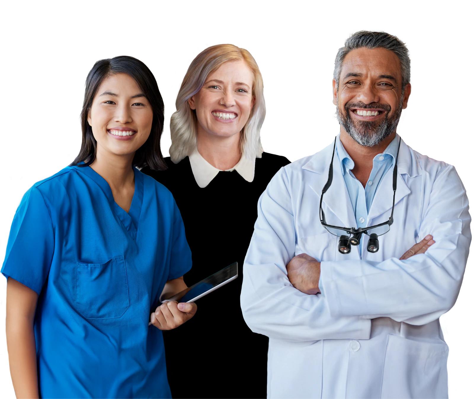 Dental teams Smiling dental team of a hygienist, office manager and dentist